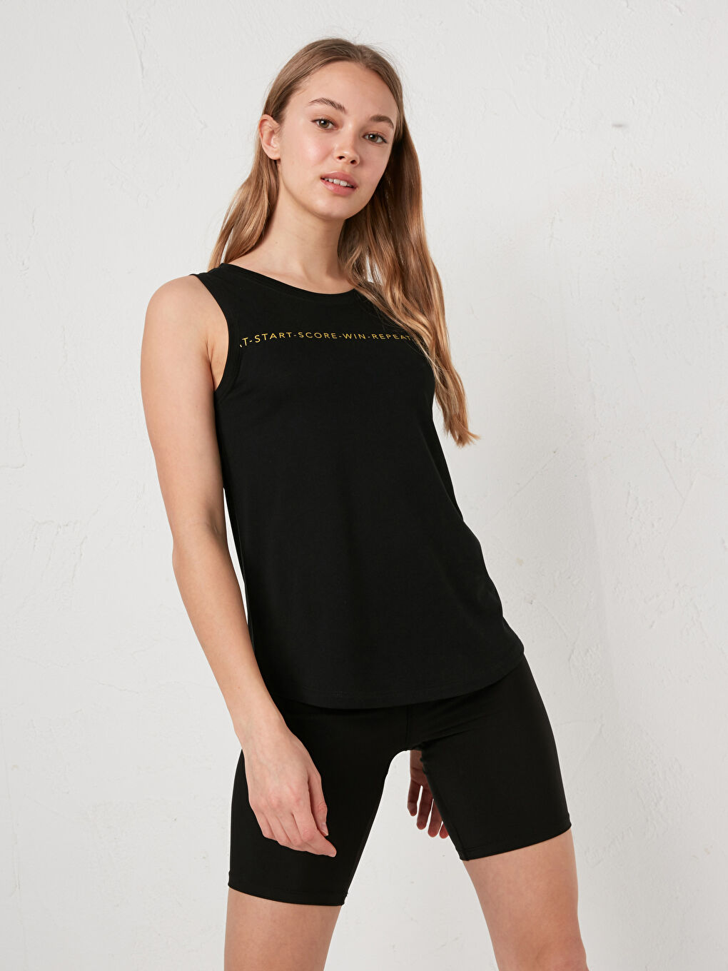 Siyah Kadın Bisiklet Yaka Baskılı Kolsuz Spor Atlet-9