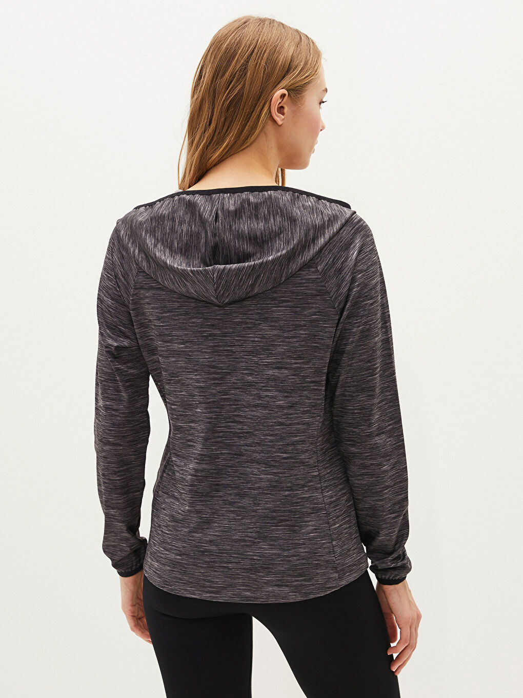 Gri Kapüşon Yaka Cep Detaylı Uzun Kollu Kadın Spor Hırka-4