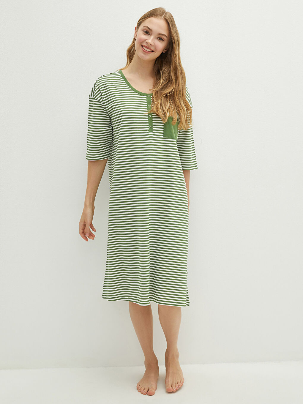 Crew Neck Striped Pocket Detailed Cotton Nightgown-2