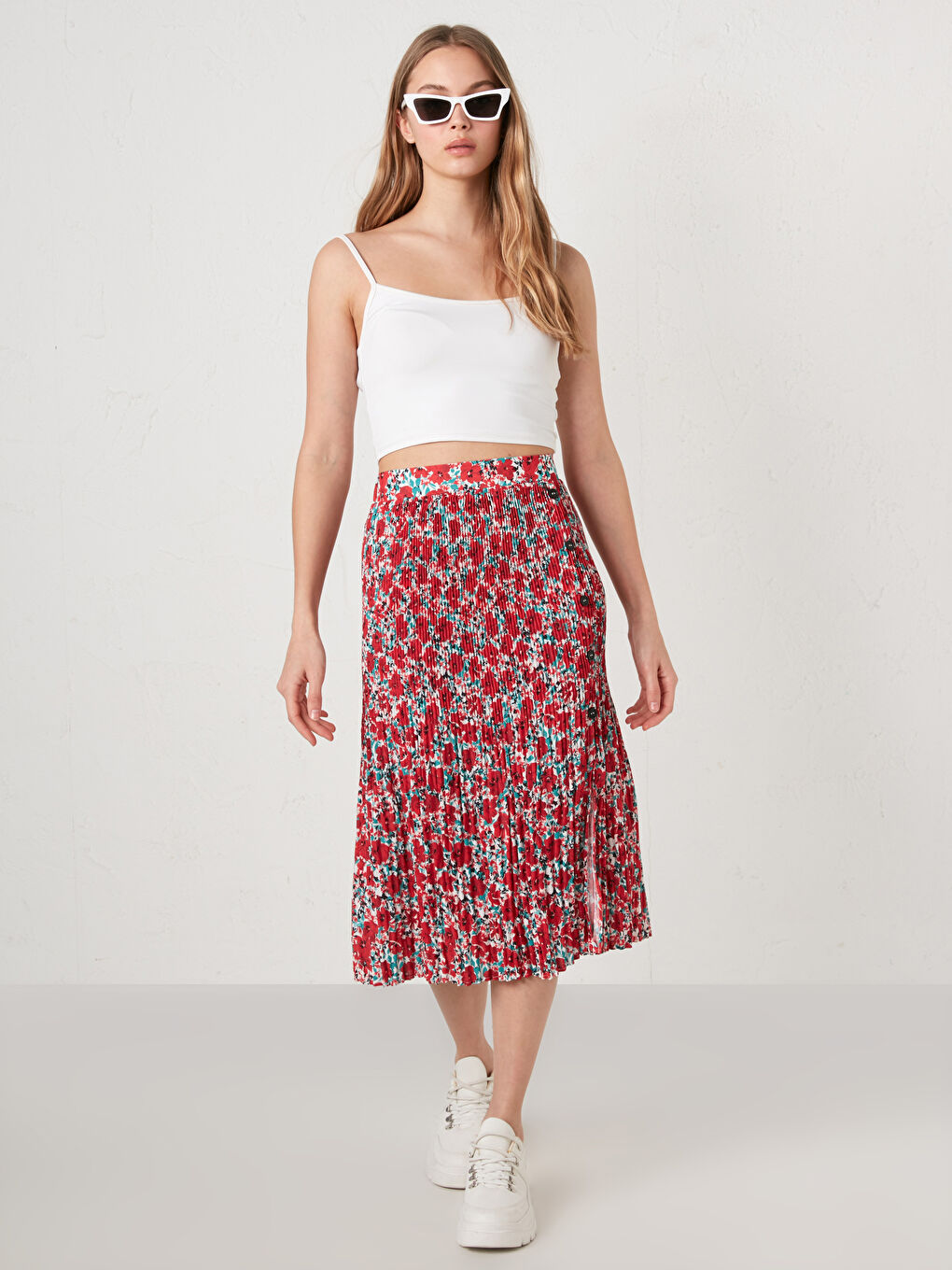 LCW Vision Elastic Waist Floral Printed Crepe Fabric Women's Pleated Skirt -S1GS44Z8-LTQ