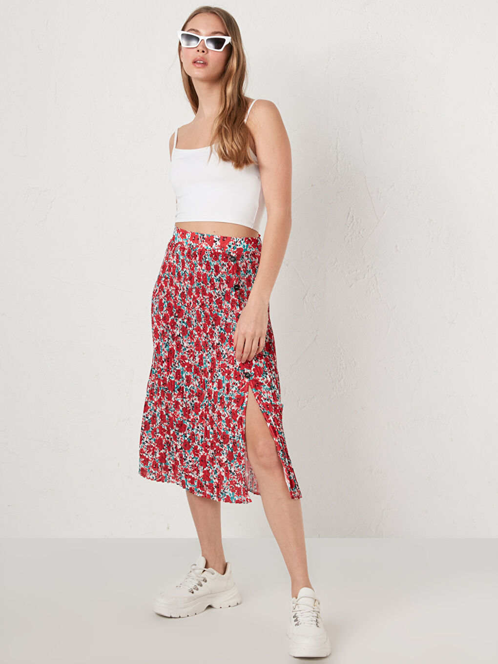 LCW Vision Elastic Waist Floral Printed Crepe Fabric Women's Pleated Skirt -S1GS44Z8-LTQ