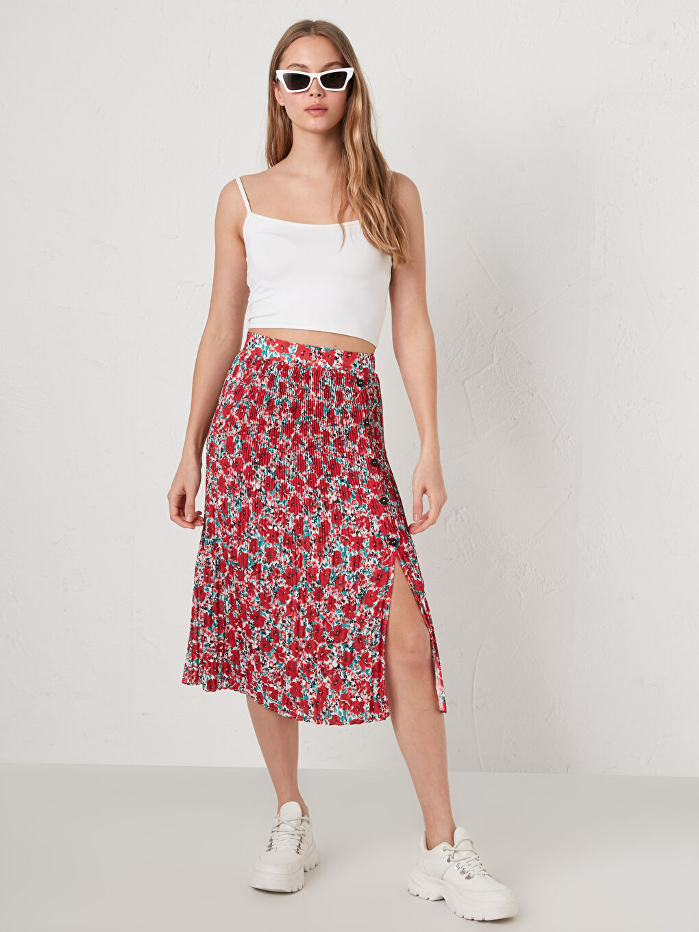 LCW Vision Elastic Waist Floral Printed Crepe Fabric Women's Pleated Skirt -S1GS44Z8-LTQ