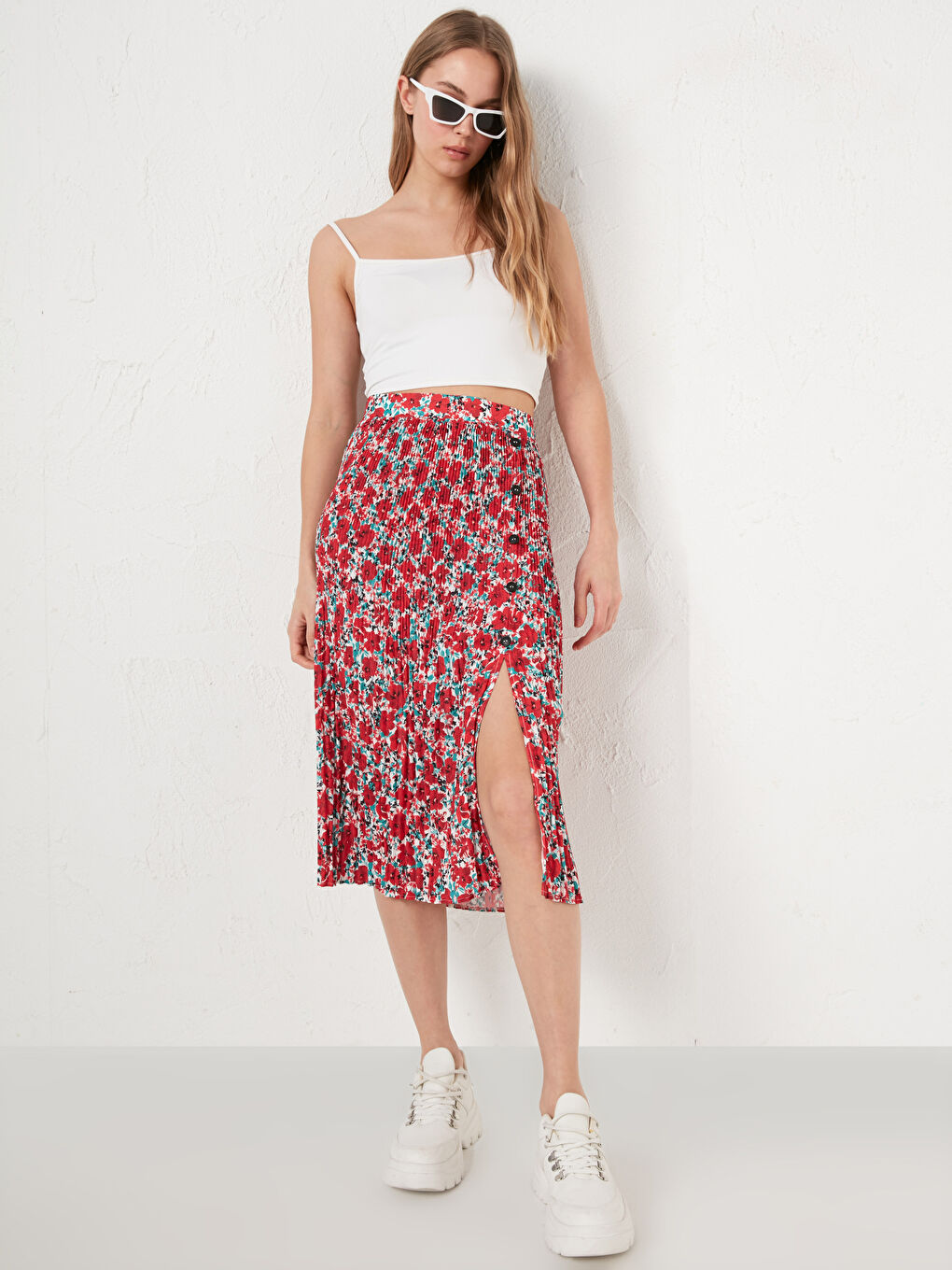 LCW Vision Elastic Waist Floral Printed Crepe Fabric Women's Pleated Skirt -S1GS44Z8-LTQ