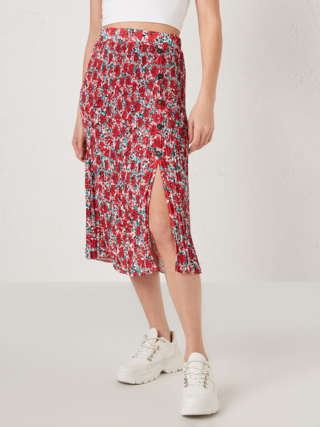 LCW Vision Elastic Waist Floral Printed Crepe Fabric Women's Pleated Skirt -S1GS44Z8-LTQ