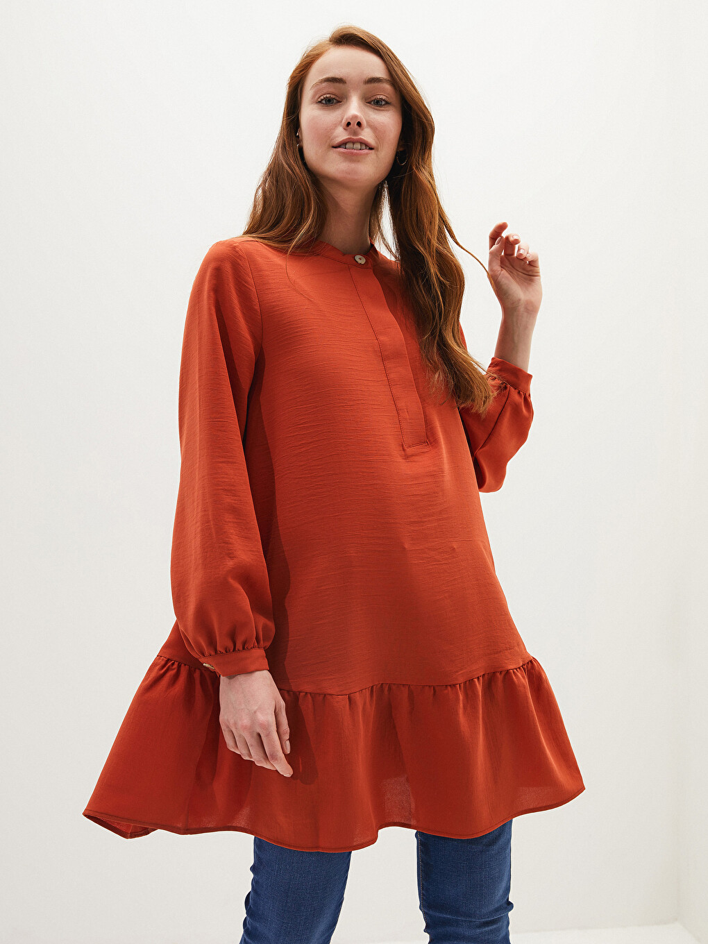 Grandad Collar Straight Ruffle Detailed Long Sleeve Women's Tunic