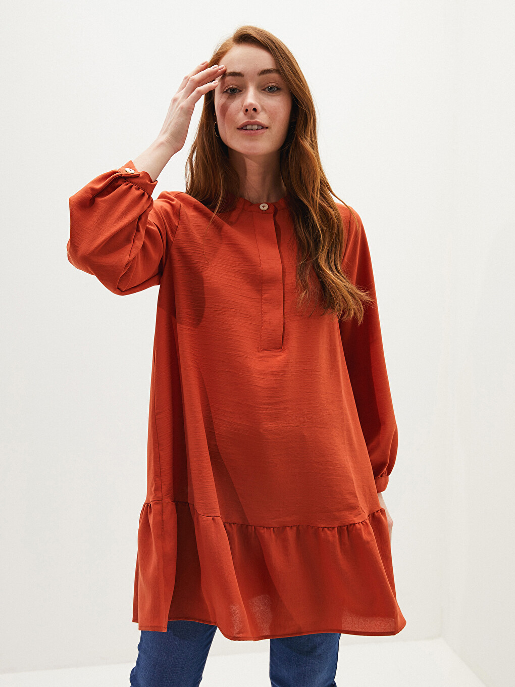Grandad Collar Straight Ruffle Detailed Long Sleeve Women's Tunic-1