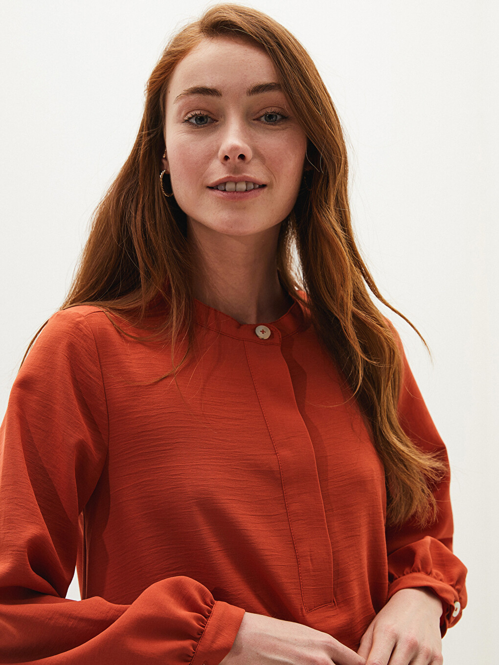Grandad Collar Straight Ruffle Detailed Long Sleeve Women's Tunic-2