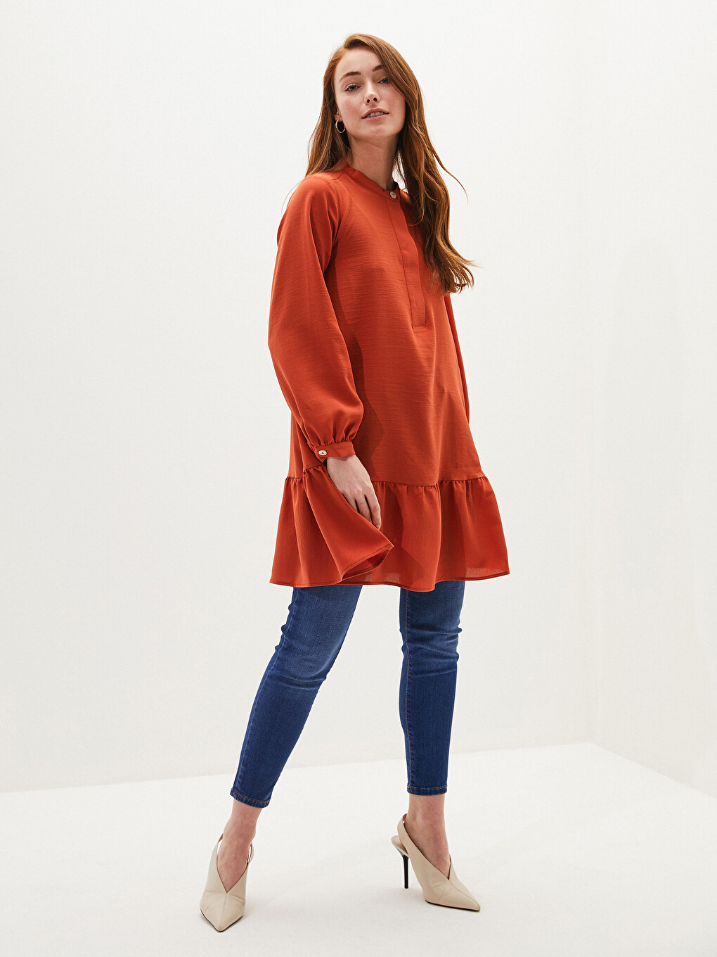 Grandad Collar Straight Ruffle Detailed Long Sleeve Women's Tunic-4