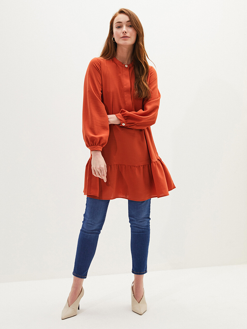 Grandad Collar Straight Ruffle Detailed Long Sleeve Women's Tunic-5