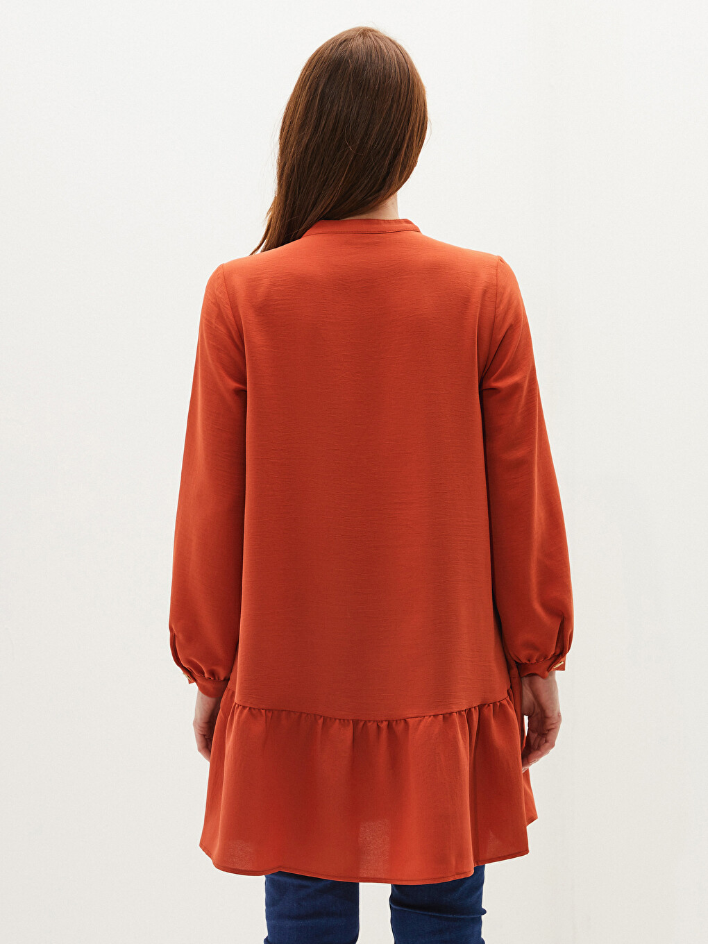 Grandad Collar Straight Ruffle Detailed Long Sleeve Women's Tunic-6