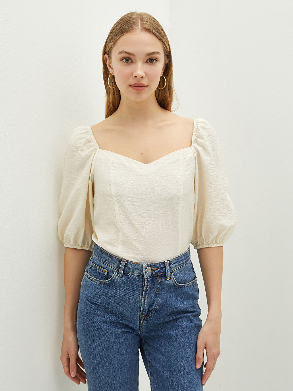 Heart Neck Grip Detailed Short Sleeve Dobby Viscose Fabric Women's Blouse