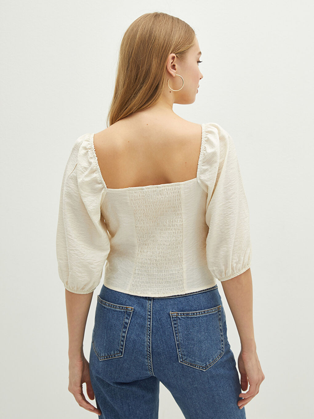 Heart Neck Grip Detailed Short Sleeve Dobby Viscose Fabric Women's Blouse-4