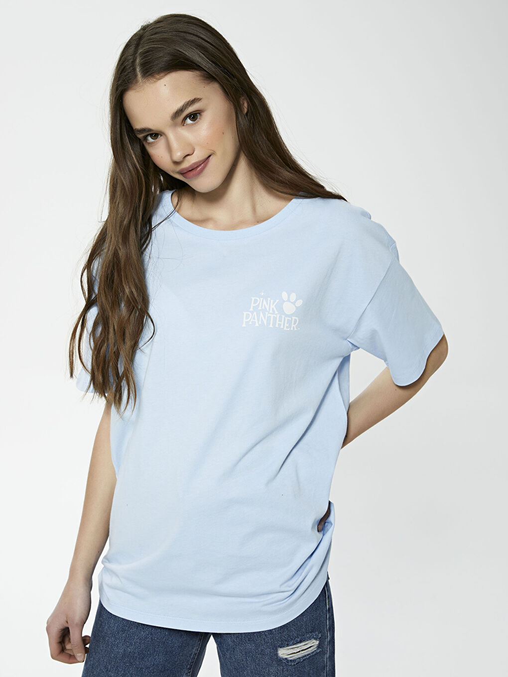 Lila Bisiklet Yaka Pembe Panter Baskılı Kısa Kollu Kadın Tişört-7