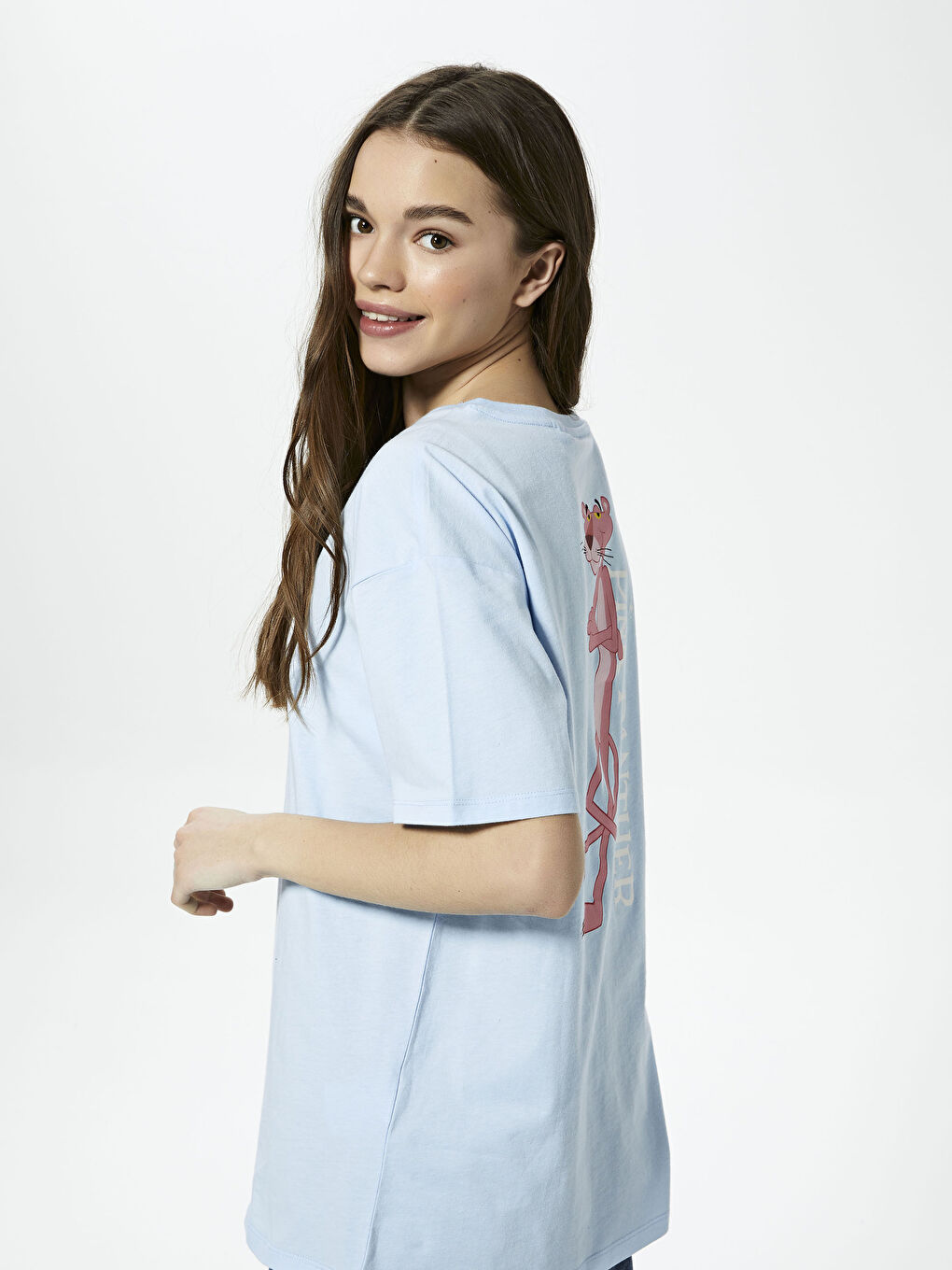 Lila Bisiklet Yaka Pembe Panter Baskılı Kısa Kollu Kadın Tişört-8