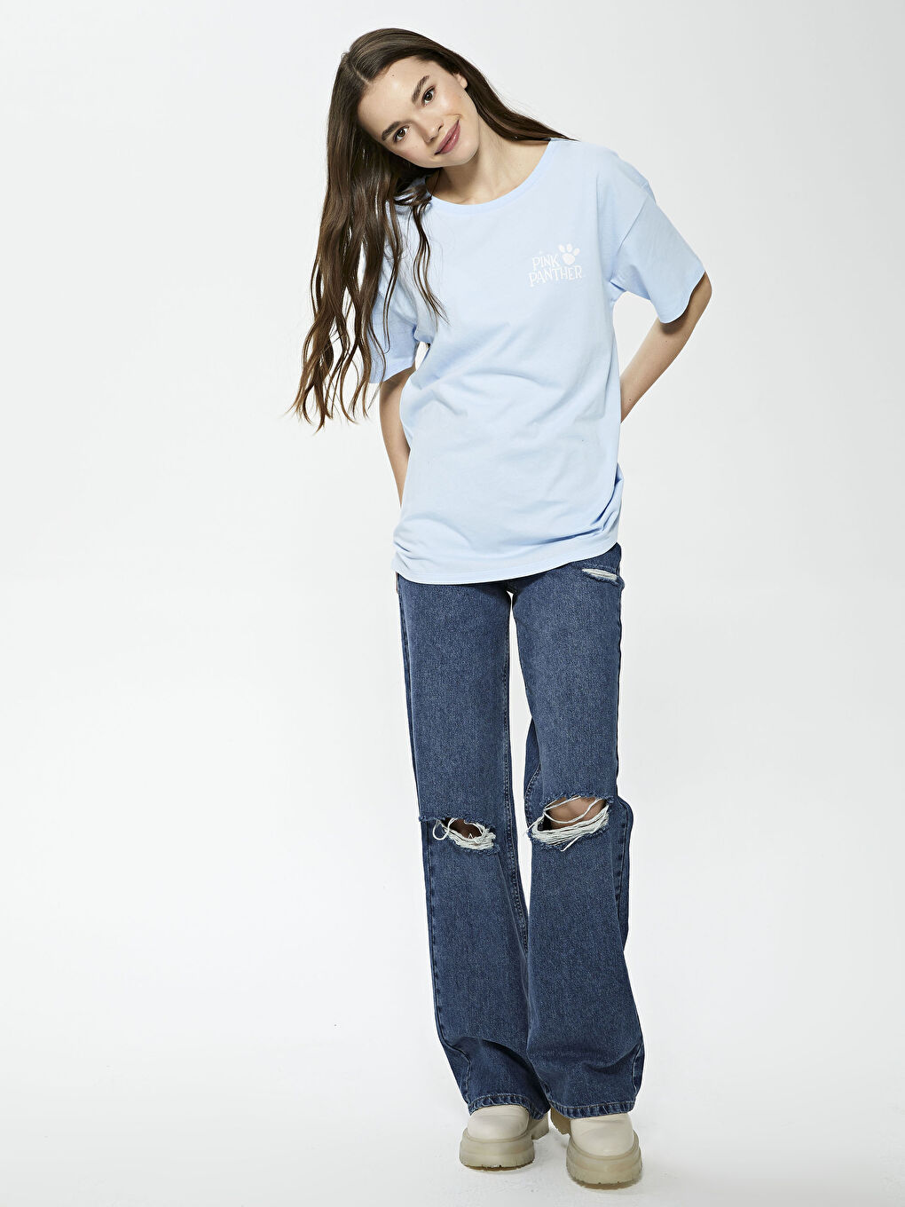 Lila Bisiklet Yaka Pembe Panter Baskılı Kısa Kollu Kadın Tişört-10