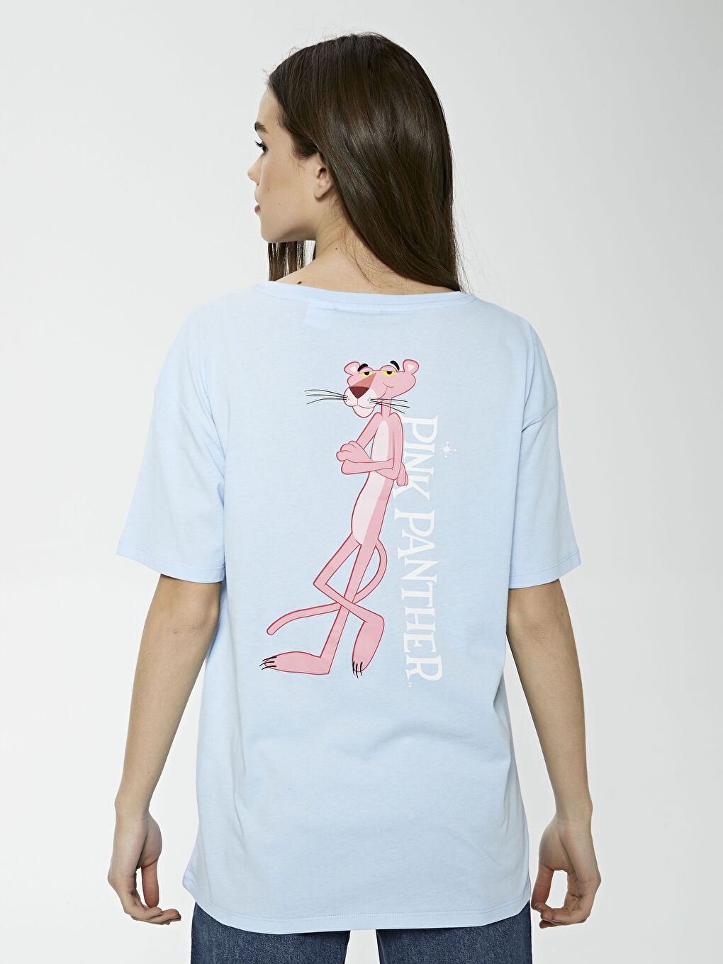 Lila Bisiklet Yaka Pembe Panter Baskılı Kısa Kollu Kadın Tişört-11