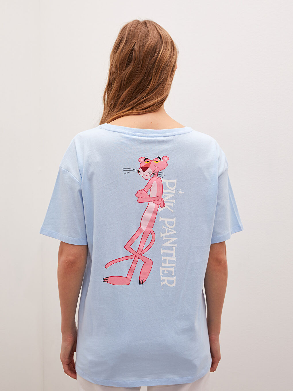 Lila Bisiklet Yaka Pembe Panter Baskılı Kısa Kollu Kadın Tişört-6