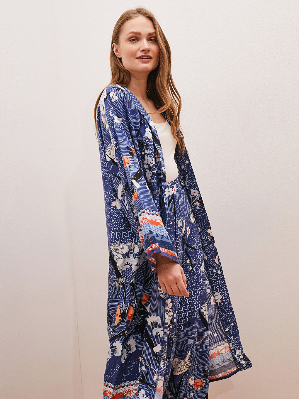 كيمونو للسيدات بياقة شال منقوشة كم طويل فيسكوز-2