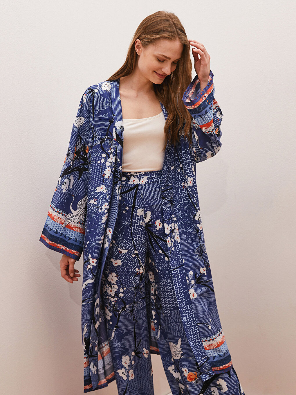 كيمونو للسيدات بياقة شال منقوشة كم طويل فيسكوز-3