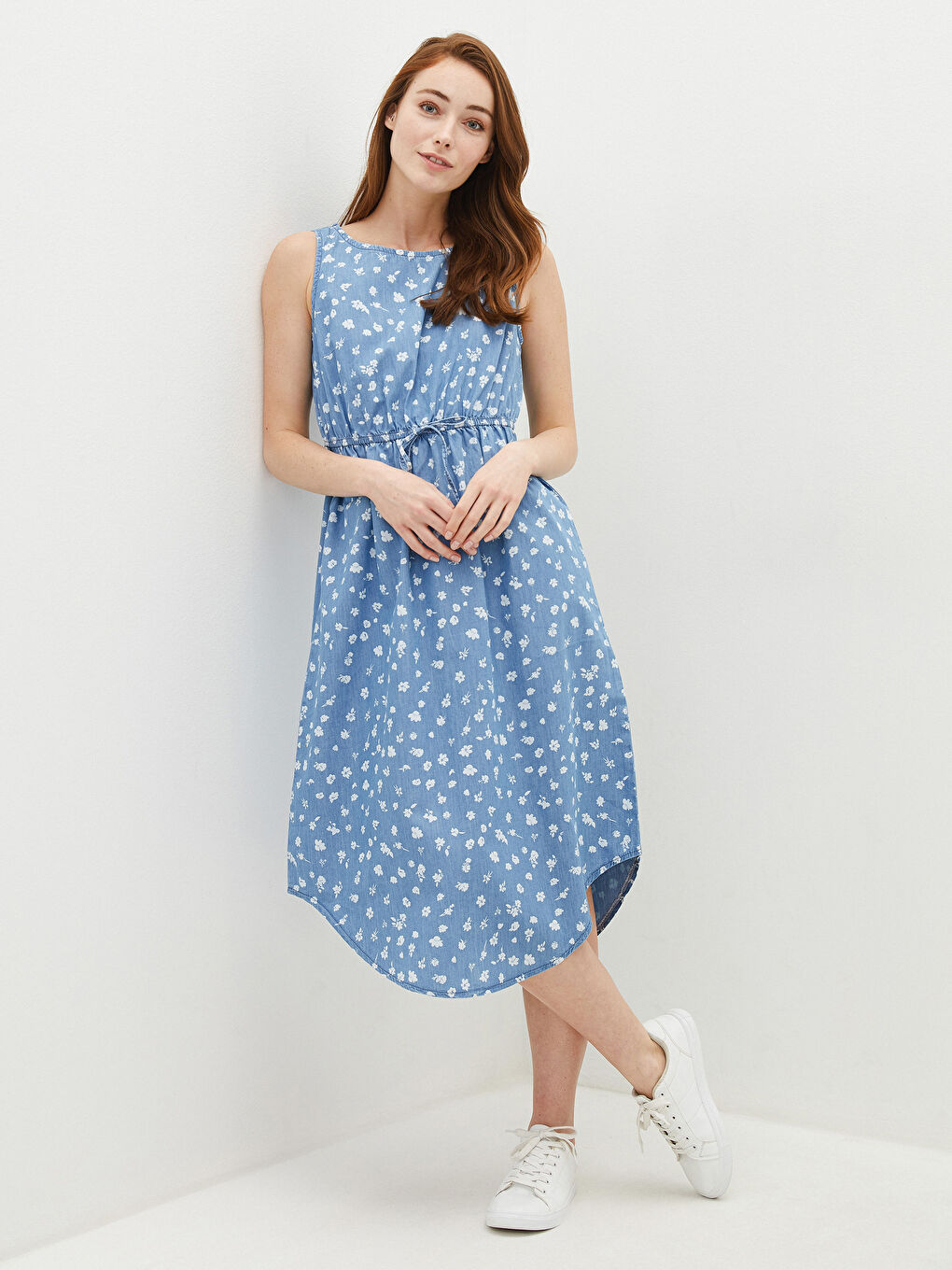 Mavi Kadın Bisiklet Yaka Baskılı Kolsuz Jean Elbise