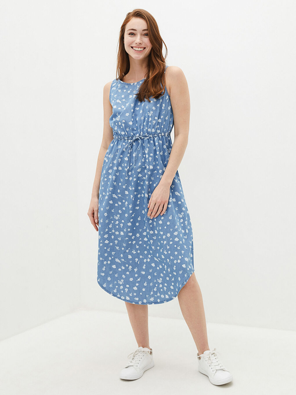 Mavi Kadın Bisiklet Yaka Baskılı Kolsuz Jean Elbise-2