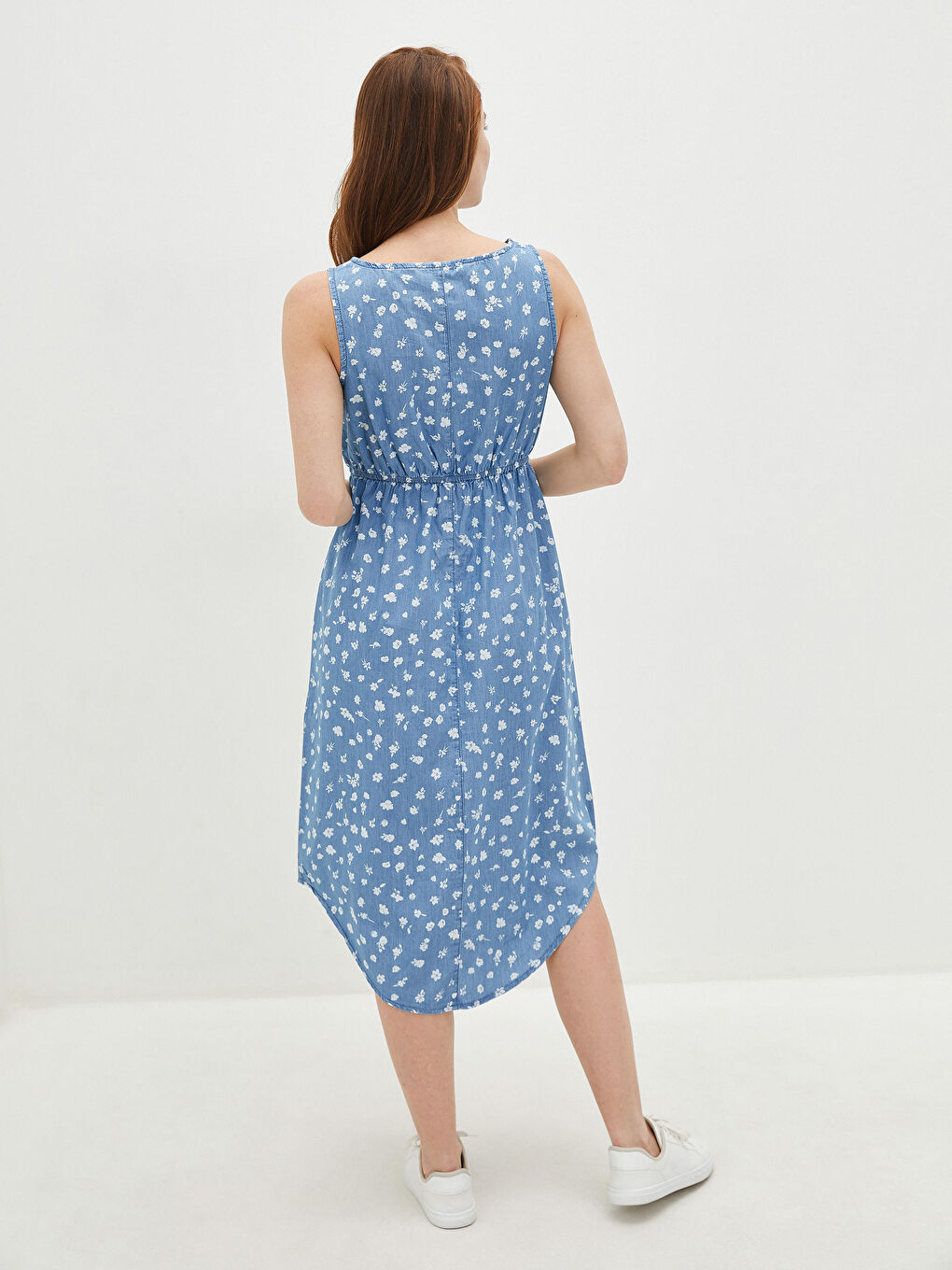 Mavi Kadın Bisiklet Yaka Baskılı Kolsuz Jean Elbise-4