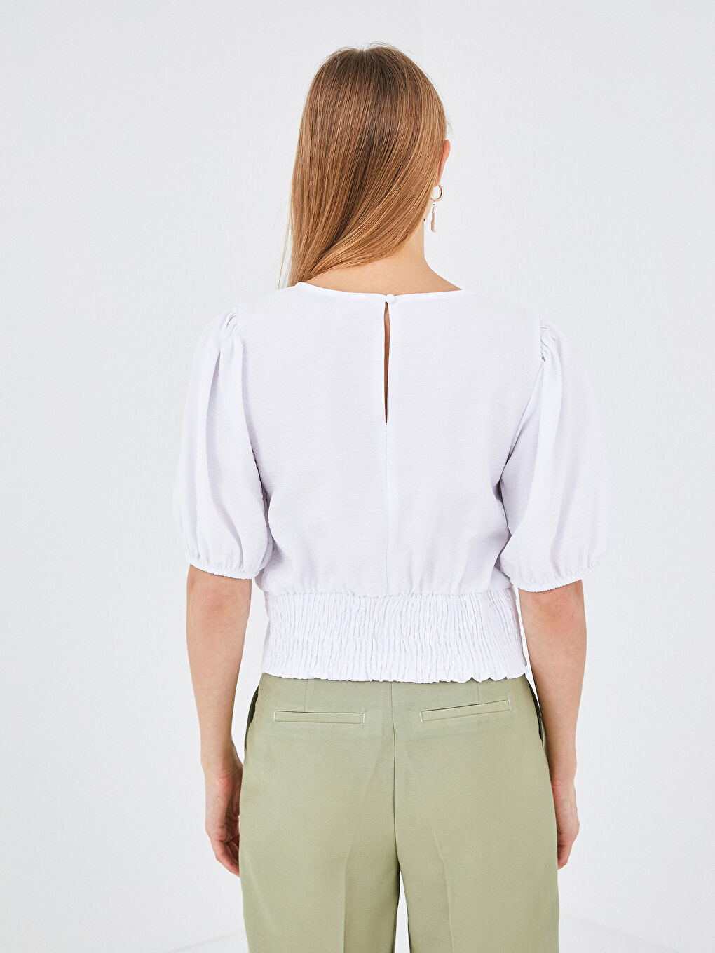LCW Vision Crew Neck Plain Balloon Sleeve Crop Women Blouse -S1GT82Z8-E5X