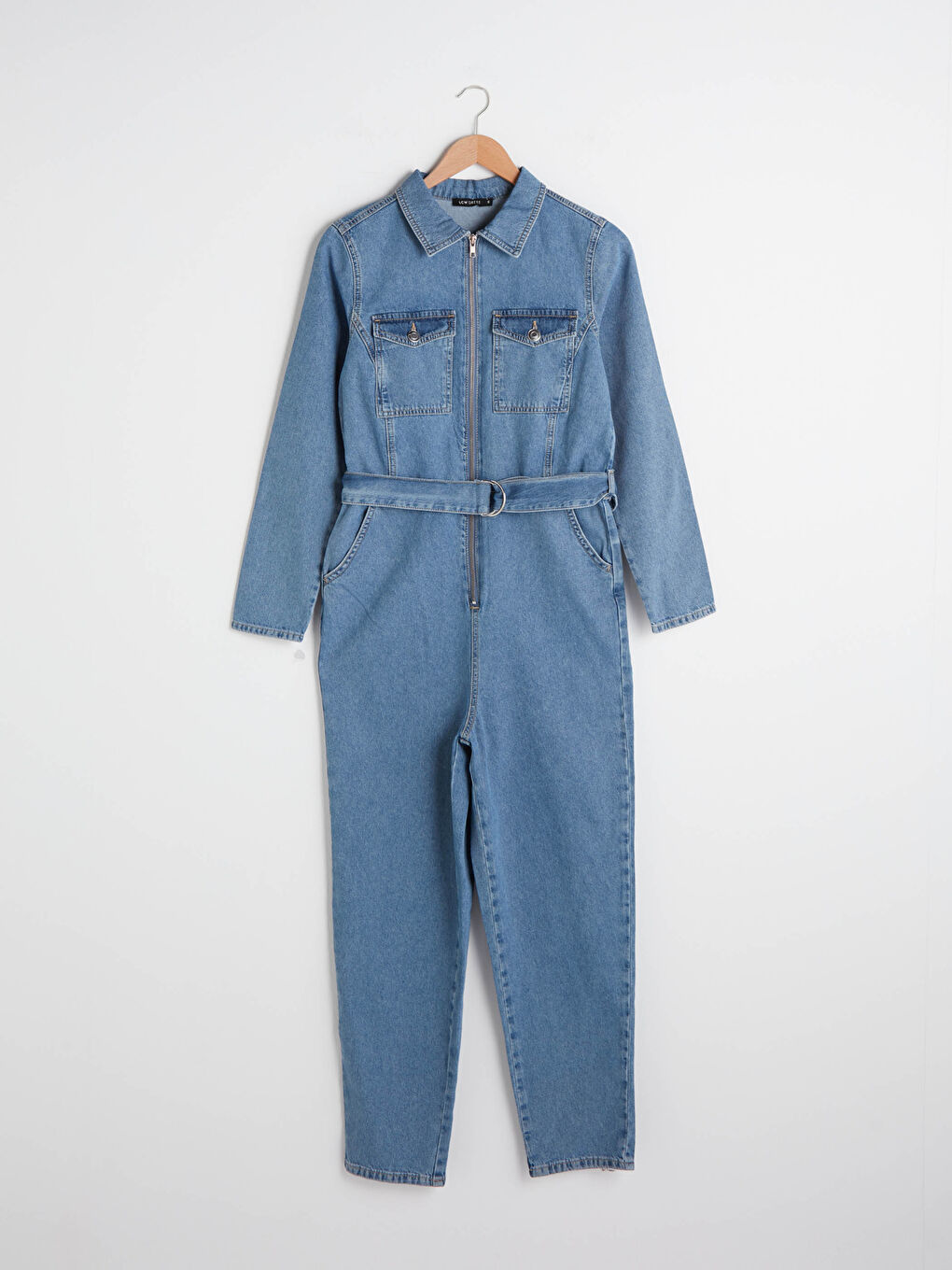 Salopetă din Denim cu Guler de Cămașă, Detalii Buzunar, Curea în Talie, Mânecă Lungă pentru Femei-7