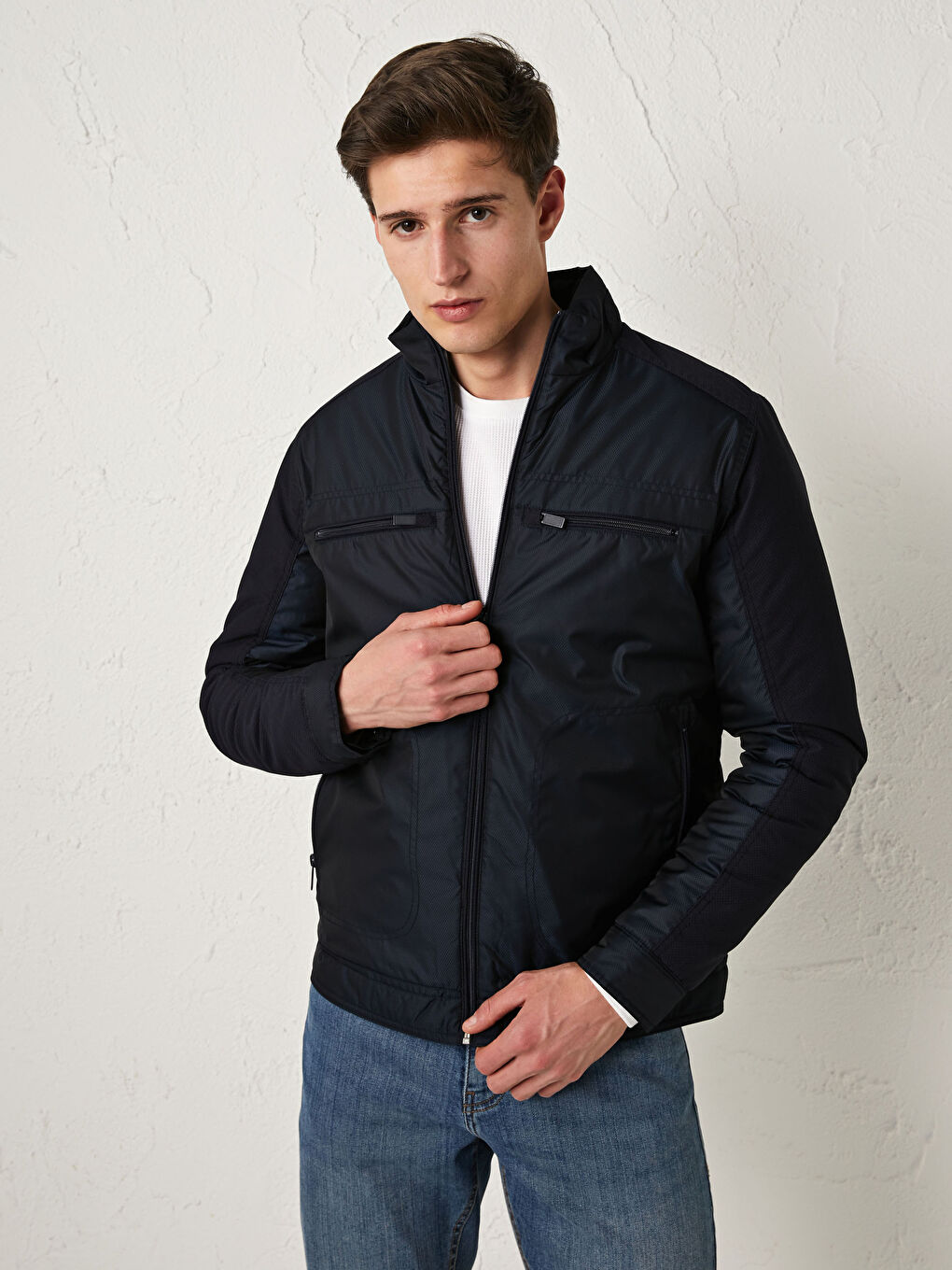 Lacivert Standart Kalıp Dik Yaka İnce Erkek Mont-1