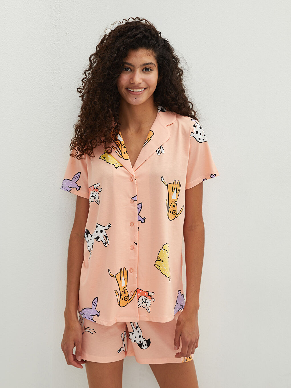 Pembe Gömlek Yaka Baskılı Kısa Kollu Pamuklu Kadın Şortlu Pijama Takımı-3