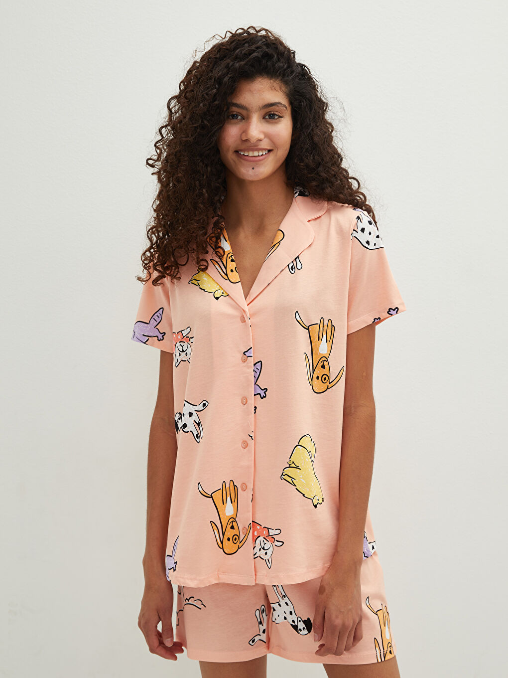 Pembe Gömlek Yaka Baskılı Kısa Kollu Pamuklu Kadın Şortlu Pijama Takımı-4