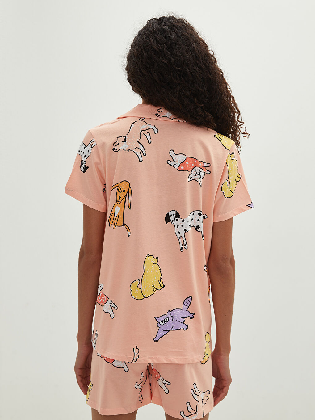 Pembe Gömlek Yaka Baskılı Kısa Kollu Pamuklu Kadın Şortlu Pijama Takımı-5