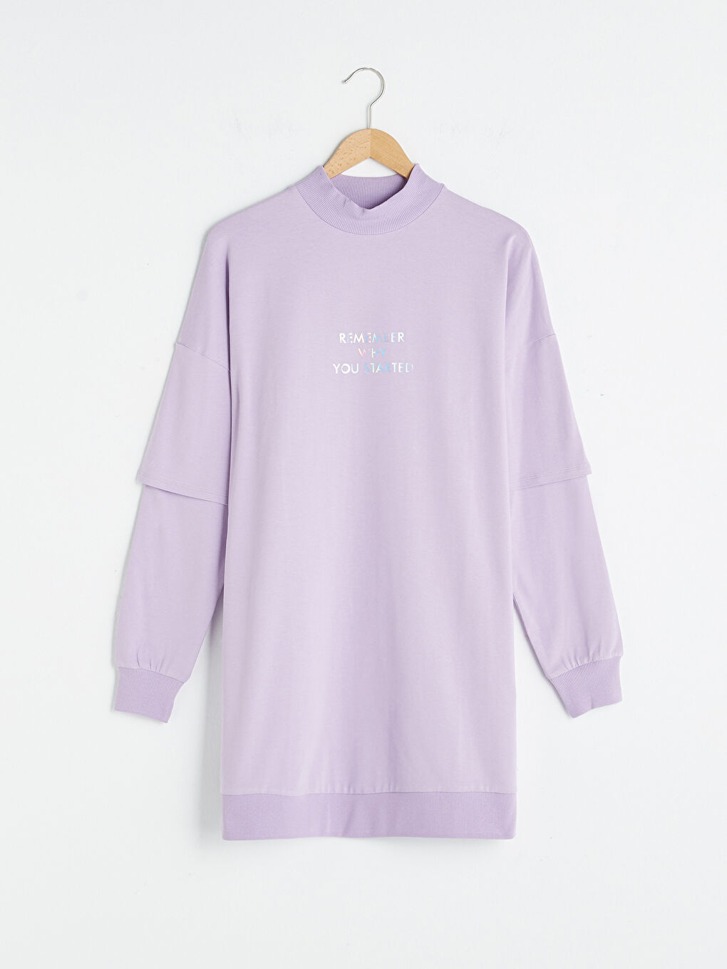 Lila Yarım Balıkçı Yaka Baskılı Uzun Kollu Oversize Kadın Tunik-5