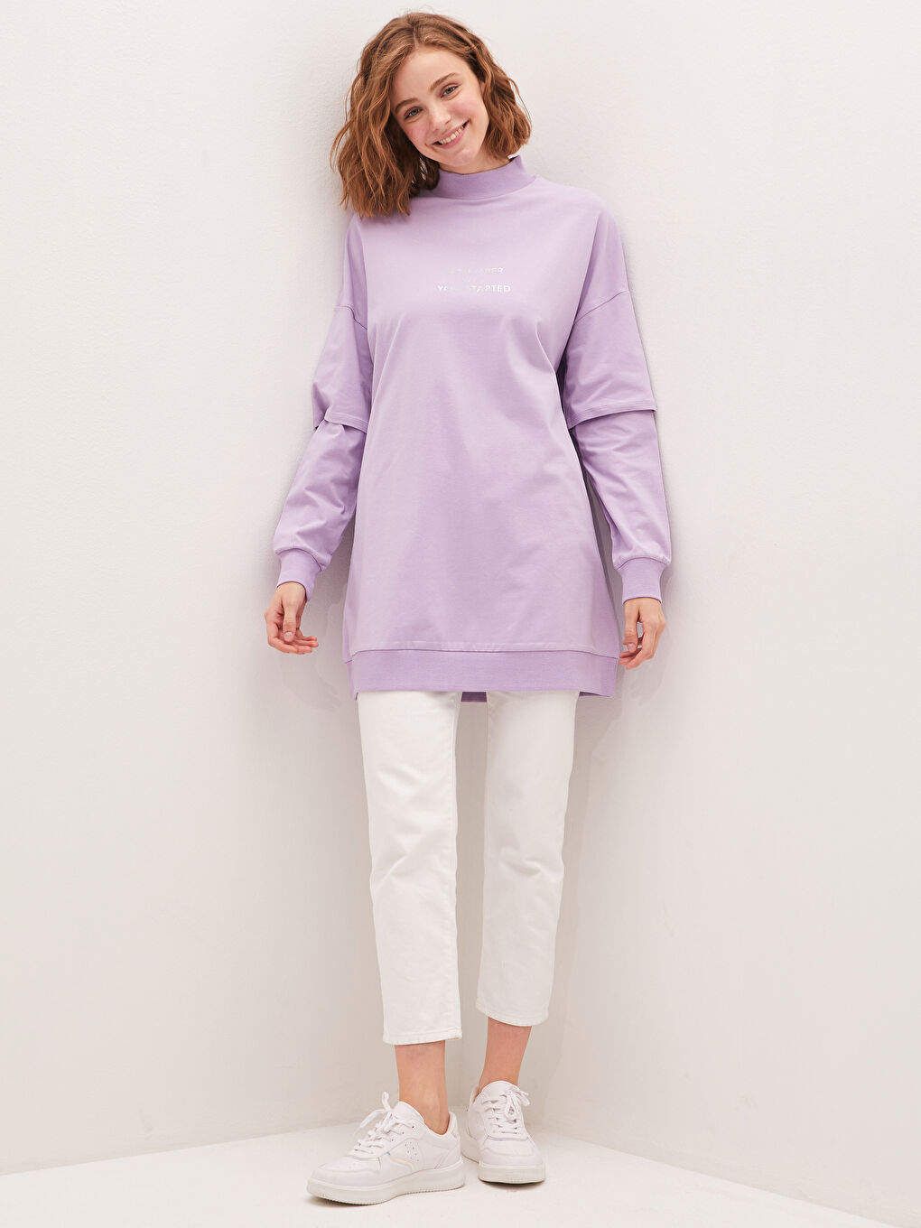Lila Yarım Balıkçı Yaka Baskılı Uzun Kollu Oversize Kadın Tunik-1