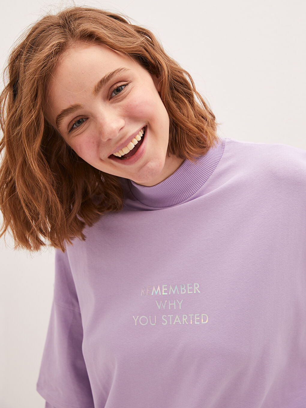 Lila Yarım Balıkçı Yaka Baskılı Uzun Kollu Oversize Kadın Tunik-2