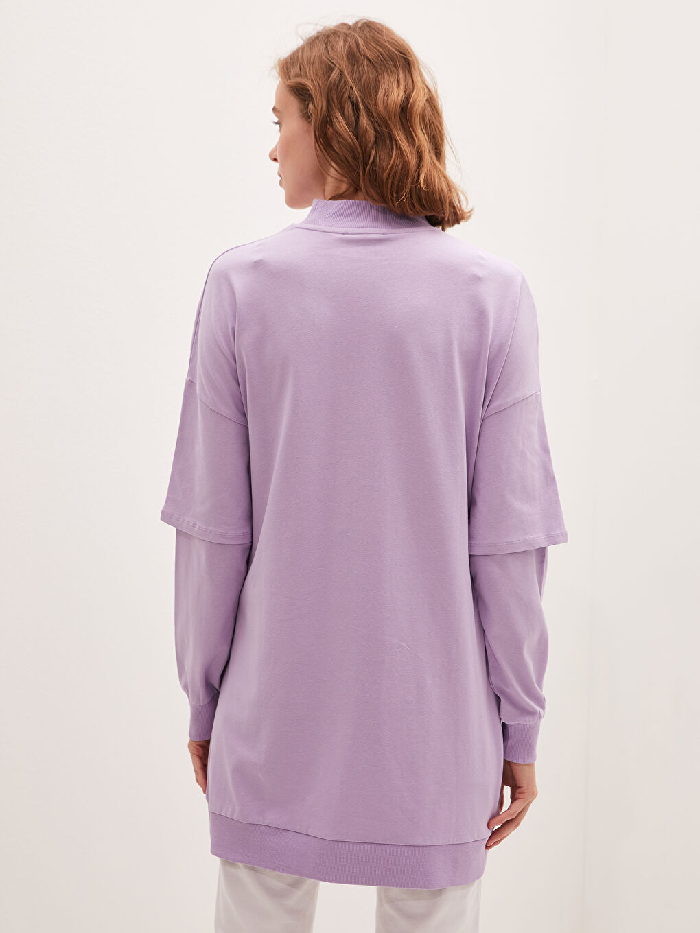 Lila Yarım Balıkçı Yaka Baskılı Uzun Kollu Oversize Kadın Tunik-3