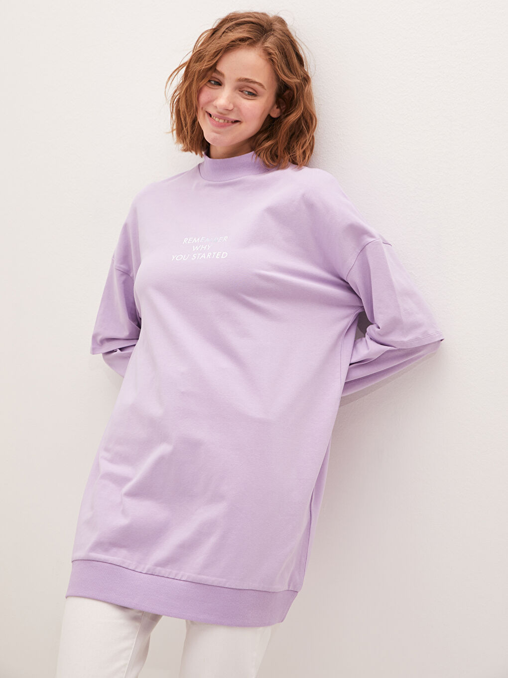 Lila Yarım Balıkçı Yaka Baskılı Uzun Kollu Oversize Kadın Tunik-4