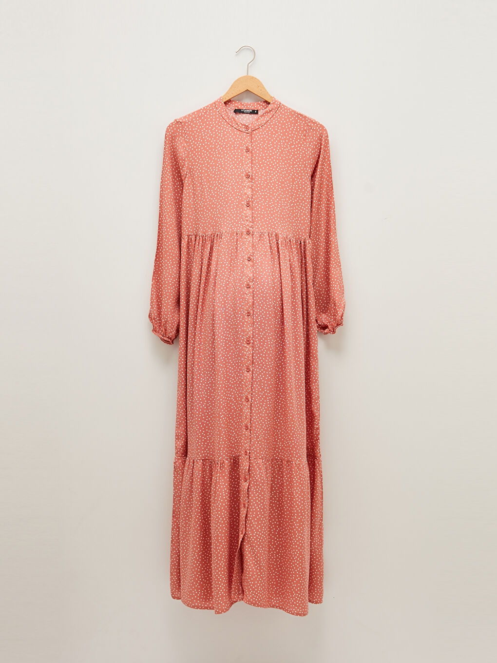 Grandad Collar Polka Dot Long Sleeve Waist Tied Detailed Viscose Maternity Dress-3