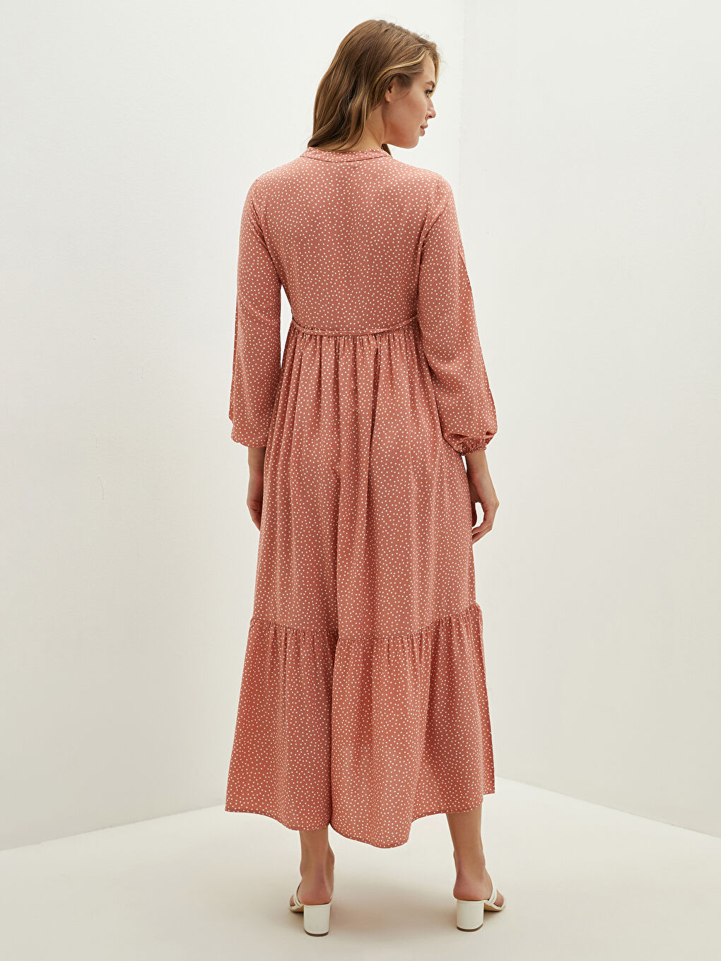 Grandad Collar Polka Dot Long Sleeve Waist Tied Detailed Viscose Maternity Dress-2