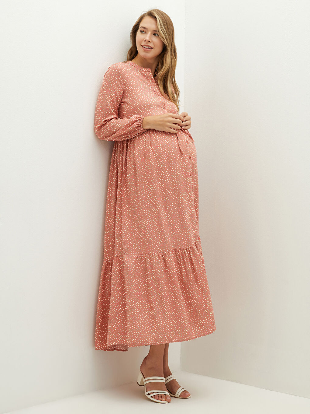 Grandad Collar Polka Dot Long Sleeve Waist Tied Detailed Viscose Maternity Dress
