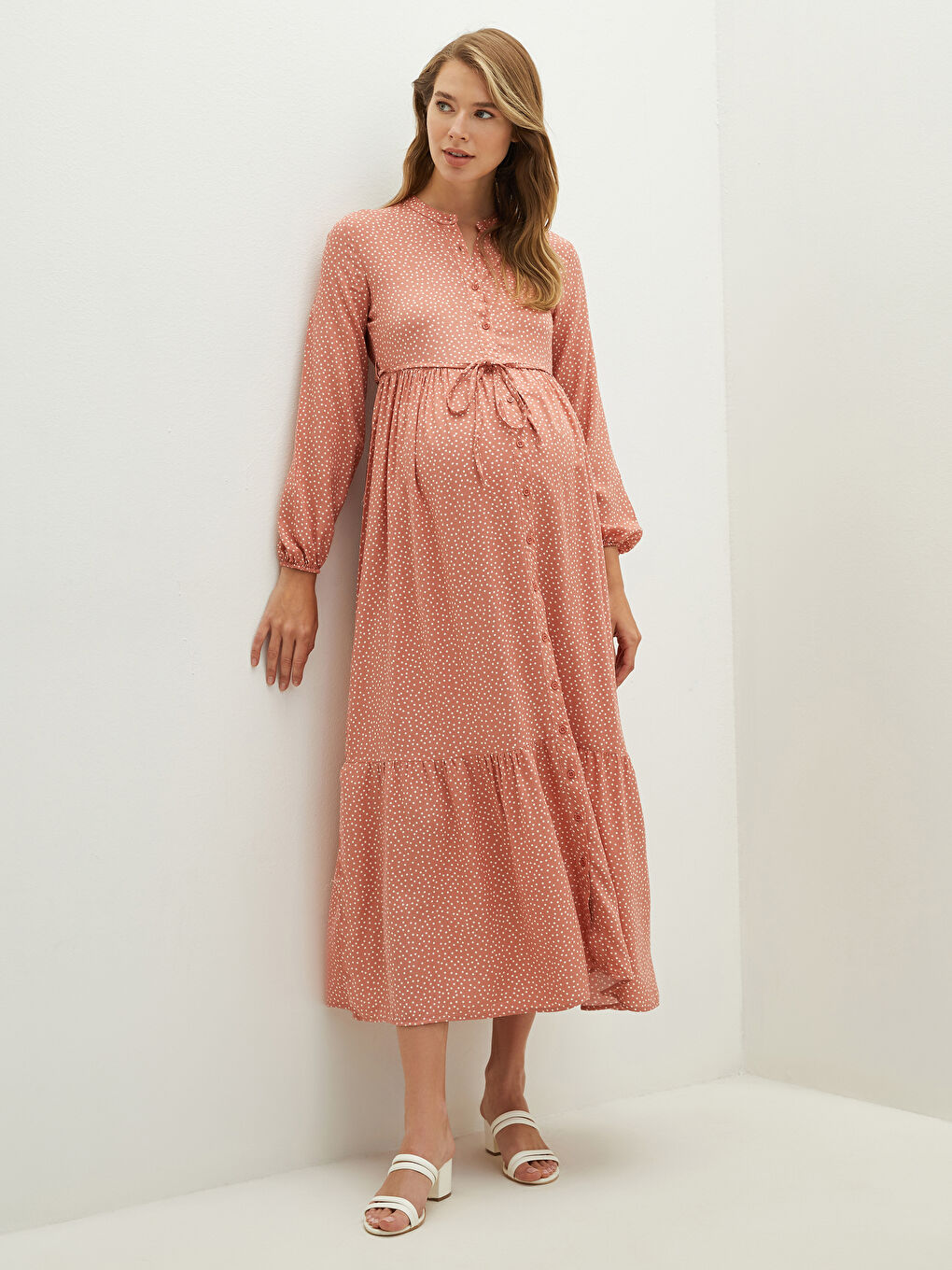 Grandad Collar Polka Dot Long Sleeve Waist Tied Detailed Viscose Maternity Dress-1