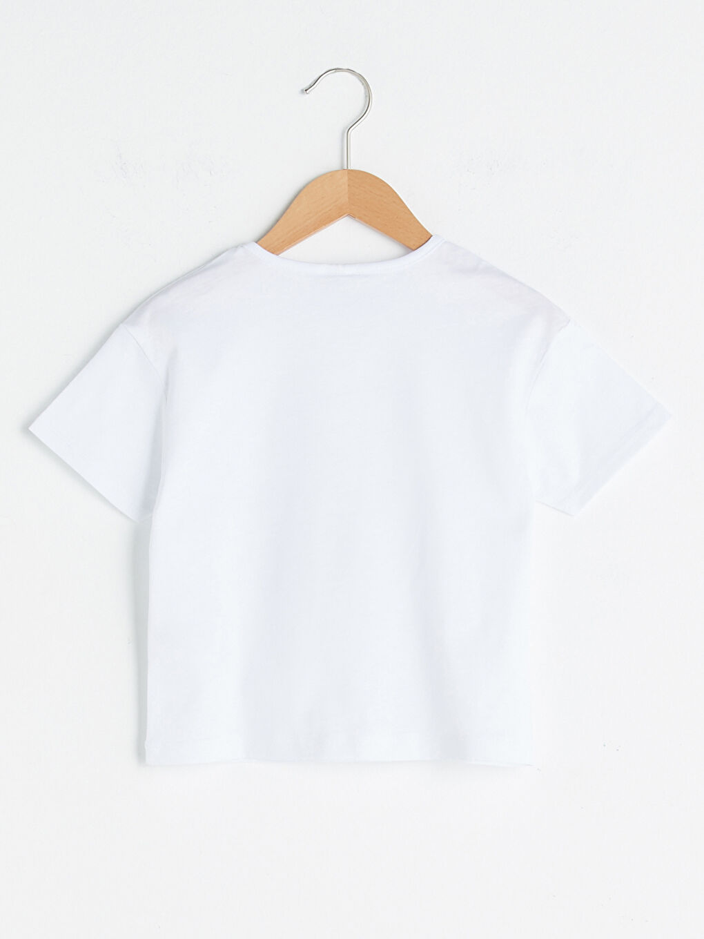 Beyaz Bisiklet Yaka Baskılı Çift Yönlü Payetli Kısa Kollu Kız Çocuk Tişört-1