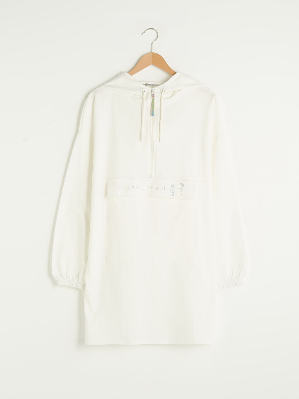 Ekru Kapüşon Yaka Baskılı Uzun Kollu Pamuklu Kadın Sweatshirt Tunik-5