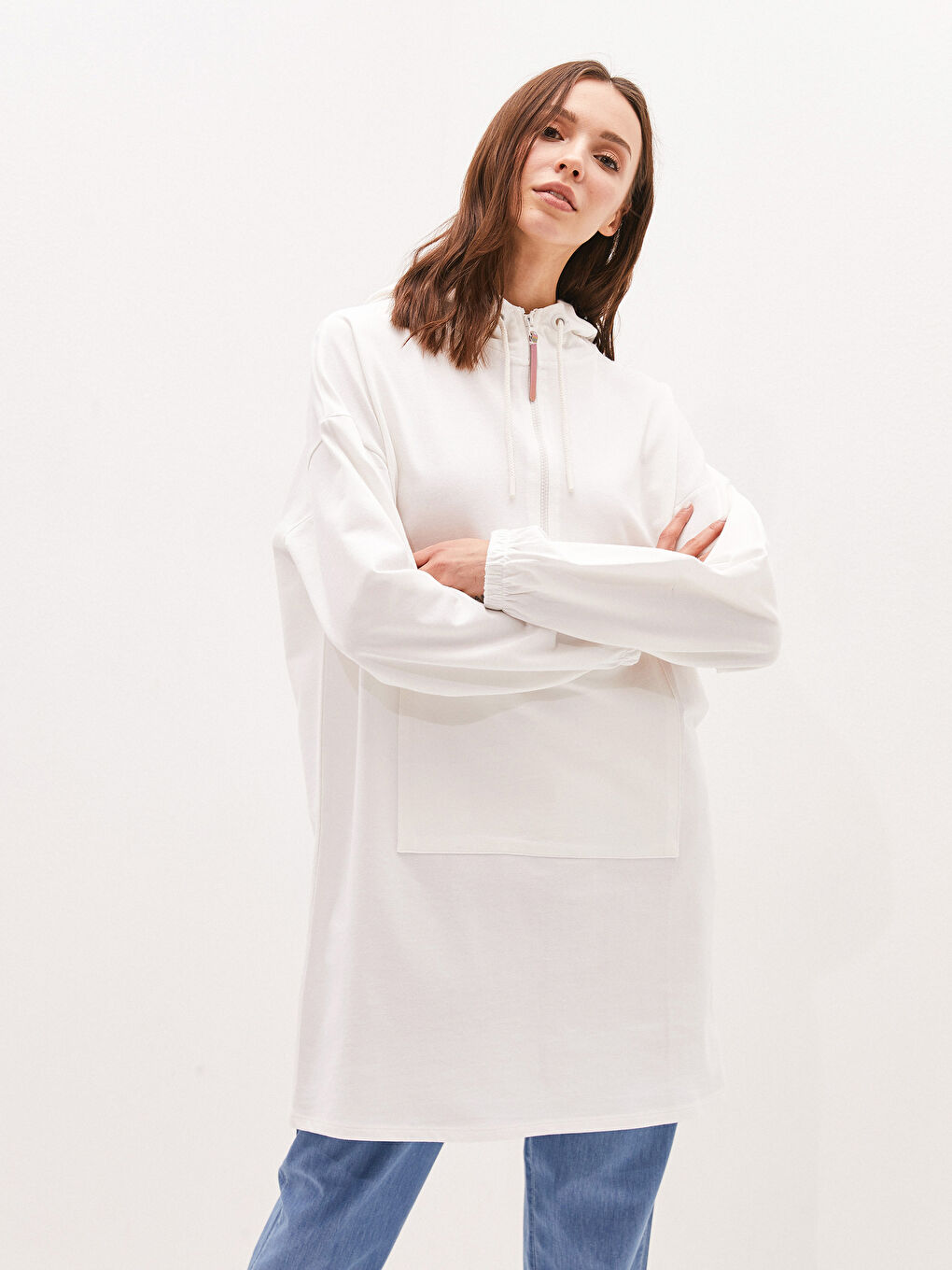 Ekru Kapüşon Yaka Baskılı Uzun Kollu Pamuklu Kadın Sweatshirt Tunik-4