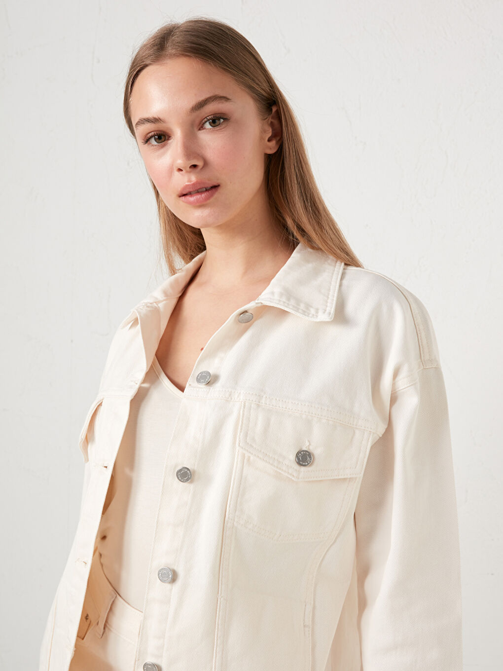 Shirt Collar Pocket Detailed Long Sleeve Women's Jean Jacket-3