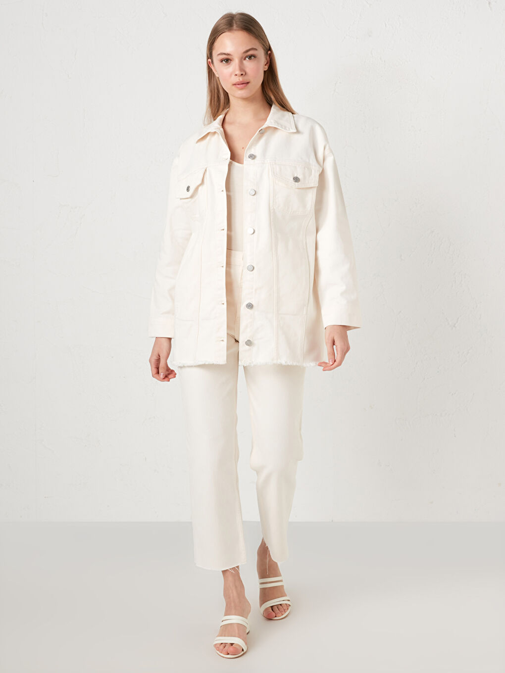 Shirt Collar Pocket Detailed Long Sleeve Women's Jean Jacket-4