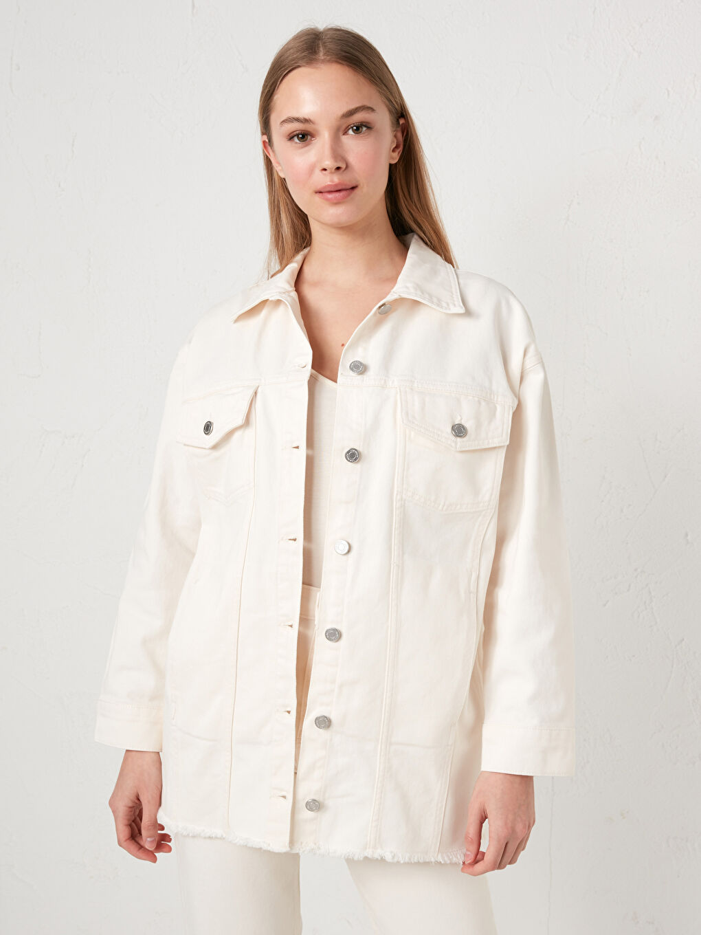 Shirt Collar Pocket Detailed Long Sleeve Women's Jean Jacket-7