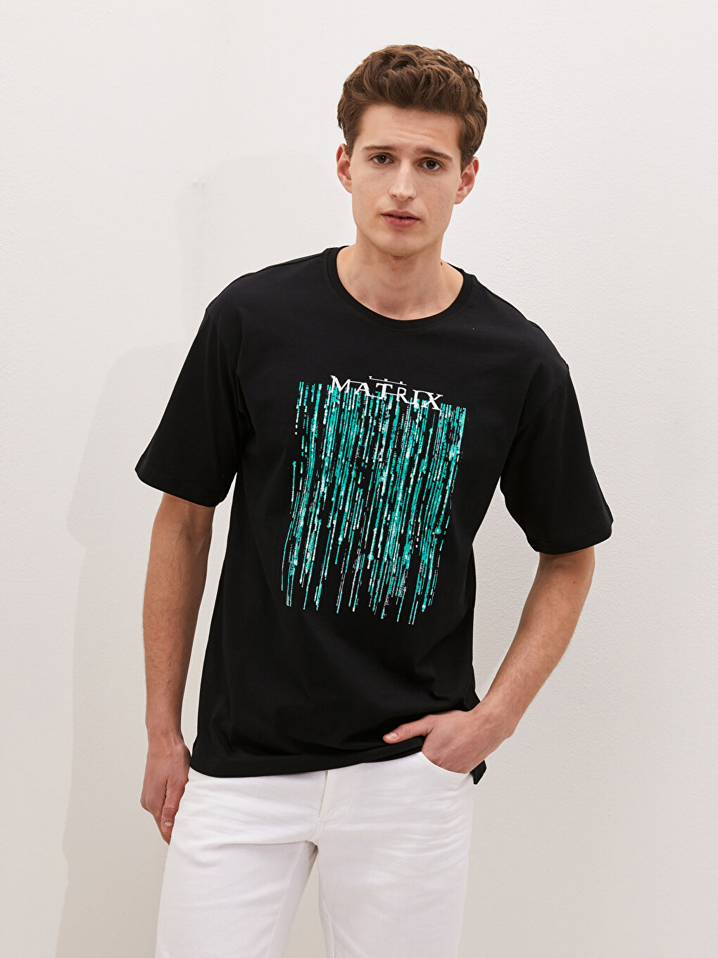 Siyah Bisiklet Yaka Kısa Kollu Baskılı Penye Erkek Tişört-1