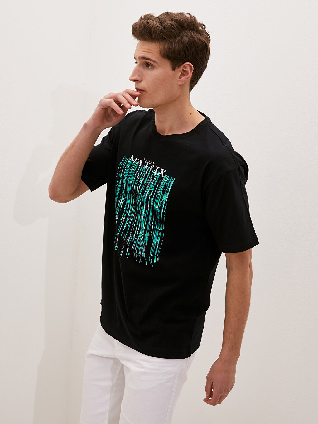 Siyah Bisiklet Yaka Kısa Kollu Baskılı Penye Erkek Tişört-4