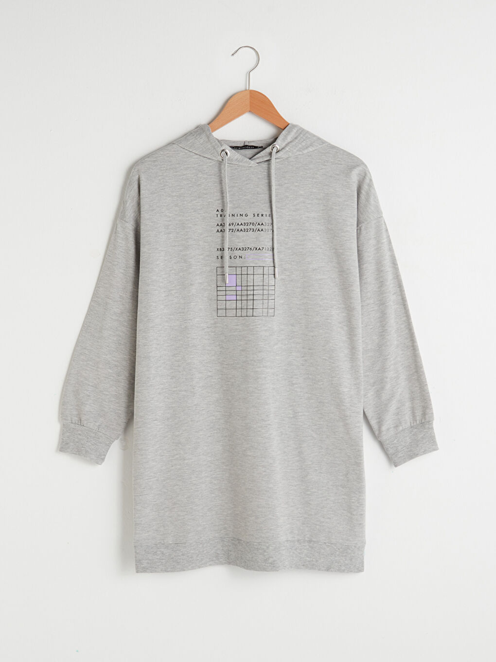 Gri Kapüşon Yaka Baskılı Uzun Kollu Kadın Tunik-5